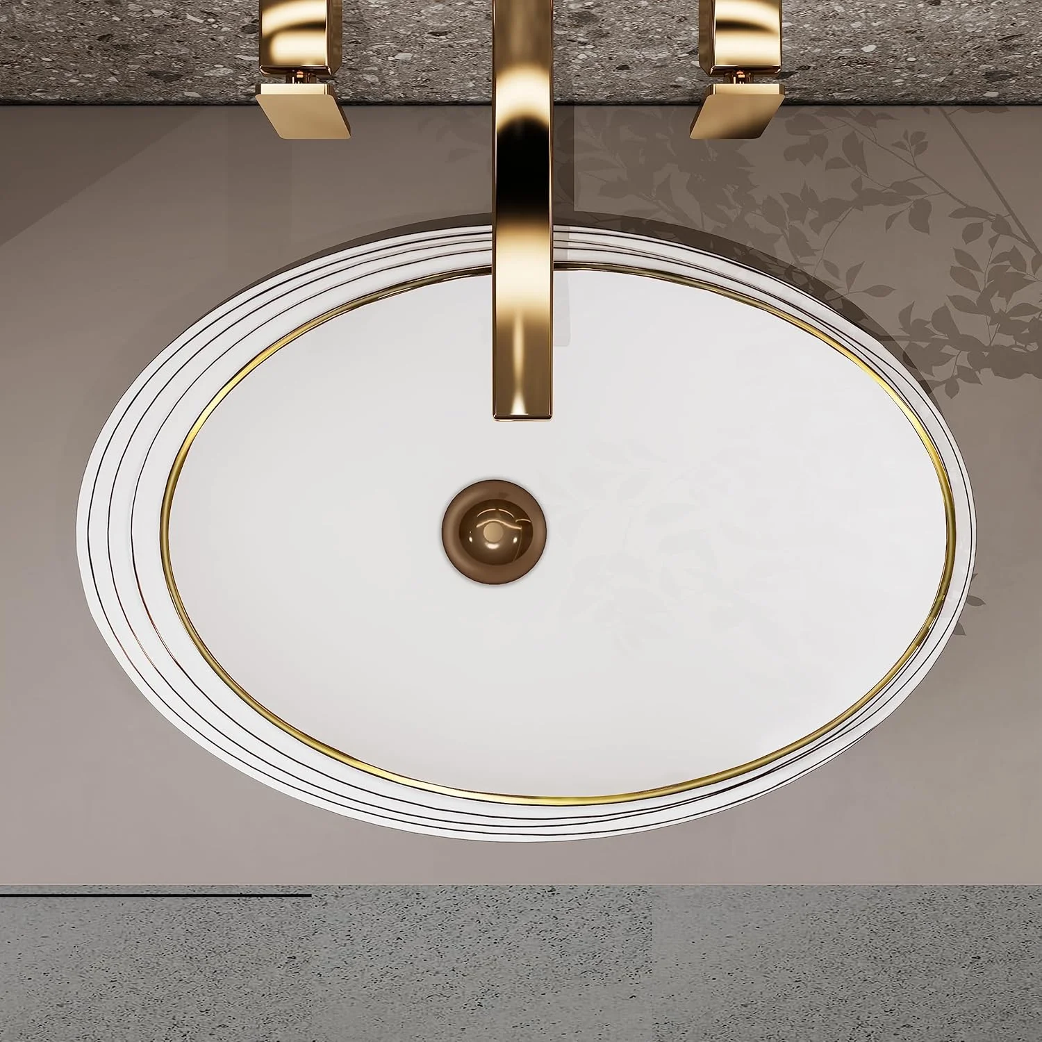 روشویی کاسه ای طلایی-صورتی MEJE | سینک سرامیکی رومیزی بیضی شکل 42x32 سانتی متر | بدون سرریز، تخلیه پاپ آپ | روشویی لوکس دبی بالای پیشخوان امارات