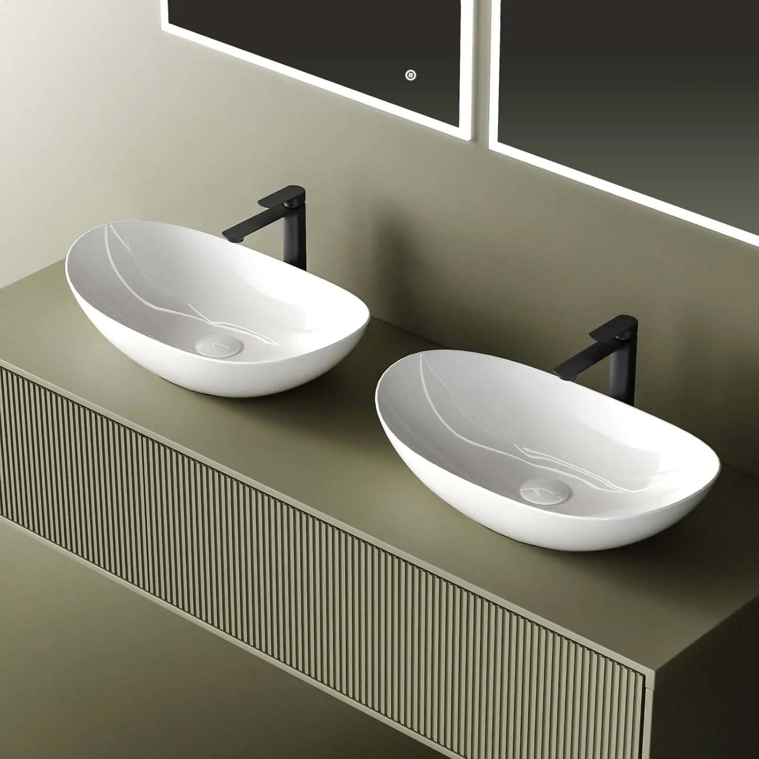 روشویی روکار بیضی شکل EMKE، ۴۱.۵ × ۳۳.۵ × ۱۳ سانتی متر، سینک سرامیکی برای حمام و سرویس بهداشتی، سینک سفید