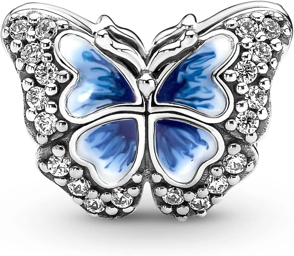 حلقه آویز پاندورا مومنتس طرح پروانه، نقره استرلینگ، با زیرکونیا کوبیک شفاف، مینای دندان آبی و سفید