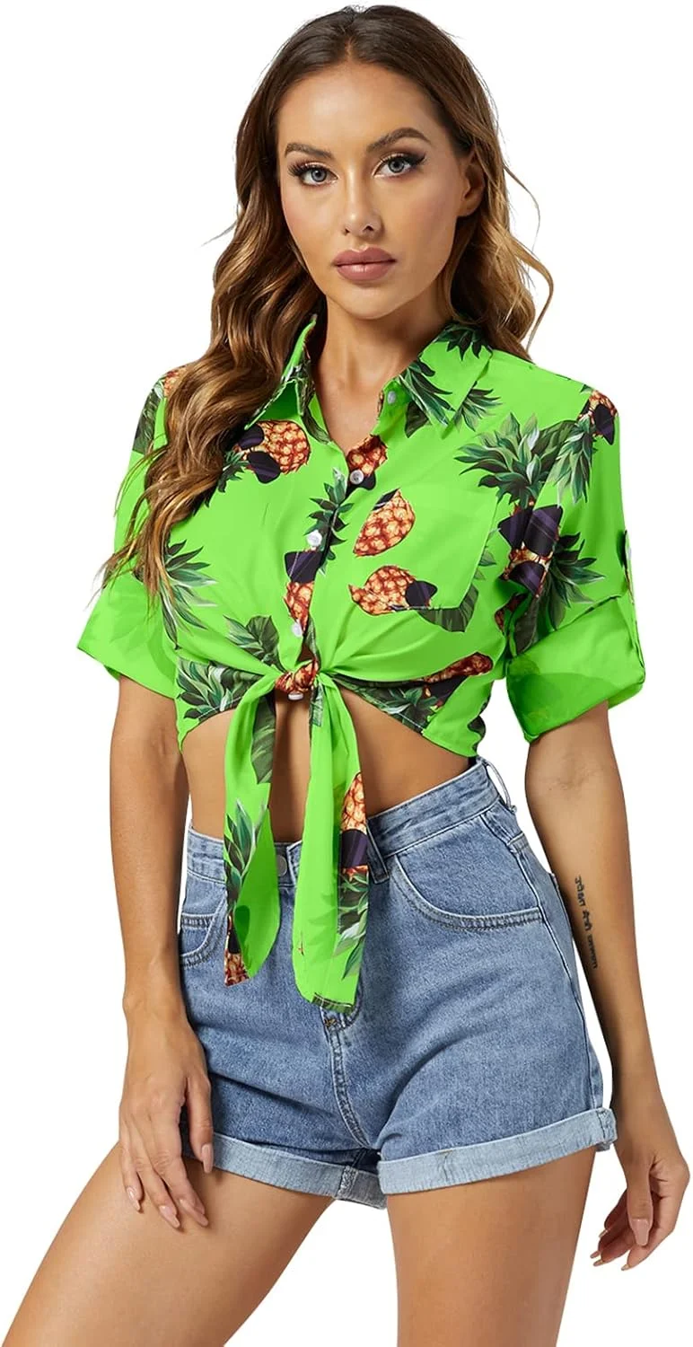 پیراهن های زنانه با طرح گل های آناناسی، آستین سه ربع، دکمه دار، سبک و کوتاه، سایز کوچک تا بزرگ