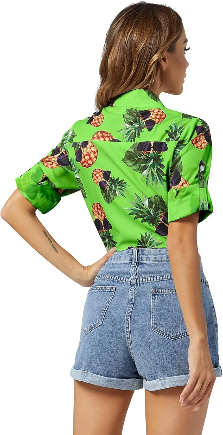 پیراهن های زنانه با طرح گل های آناناسی، آستین سه ربع، دکمه دار، سبک و کوتاه، سایز کوچک تا بزرگ