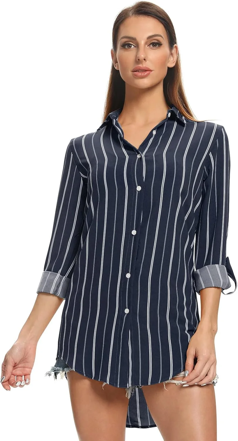 پیراهن راه راه دکمه دار زنانه آسلچ، بلوزهای آستین بلند غیر رسمی زنانه