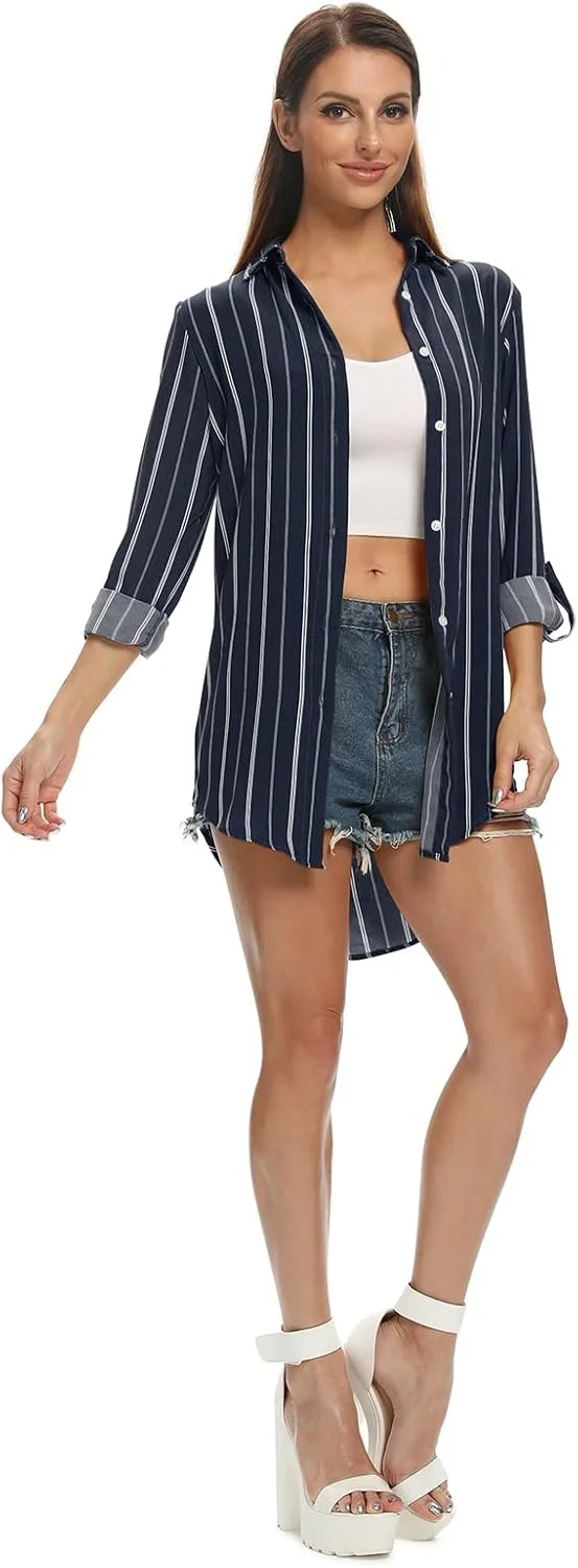 پیراهن راه راه دکمه دار زنانه آسلچ، بلوزهای آستین بلند غیر رسمی زنانه