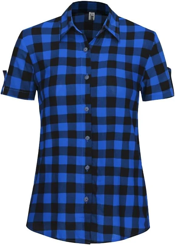 بلوز آستین کوتاه دکمه دار زنانه طرح چهارخانه مناسب تابستان