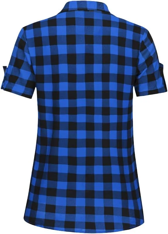 بلوز آستین کوتاه دکمه دار زنانه طرح چهارخانه مناسب تابستان