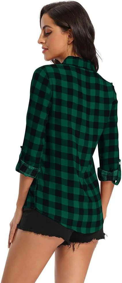 بلوز چهارخانه سبک وزن زنانه آیسلچ، تاپ آستین کوتاه دکمه دار کلاسیک، سبز، سایز XXL