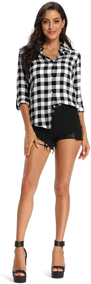 پیراهن چهارخانه سبک وزن زنانه Aeslech، بلوز و لباس کلاسیک دکمه دار آستین بلند، سفید B، XS پیراهن چهارخانه سبک وزن زنانه Aeslech، بلوز و لباس کلاسیک دکمه دار آستین بلند، سفید B، XS