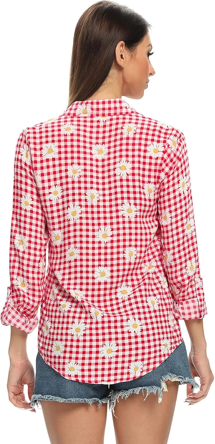 پیراهن چهارخانه سبک وزن زنانه Aeslech، بلوز کلاسیک دکمه دار آستین بلند، قرمز تیره، XS