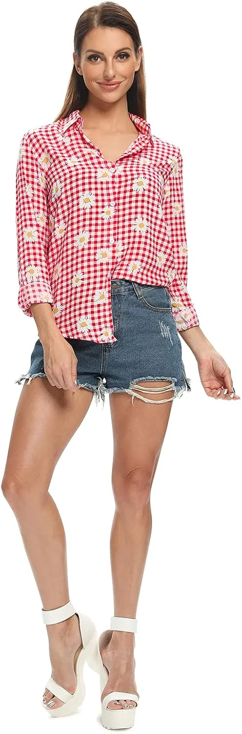 پیراهن چهارخانه سبک وزن زنانه Aeslech، بلوز کلاسیک دکمه دار آستین بلند، قرمز تیره، XS