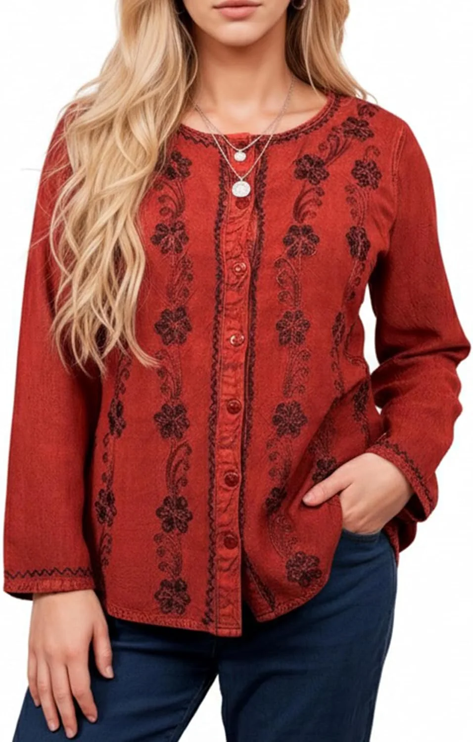 بلوز آستین بلند دکمه دار بهاری زنانه طرح بوهو مدل 2025 - بلوز گلدوزی شده با بند قابل تنظیم