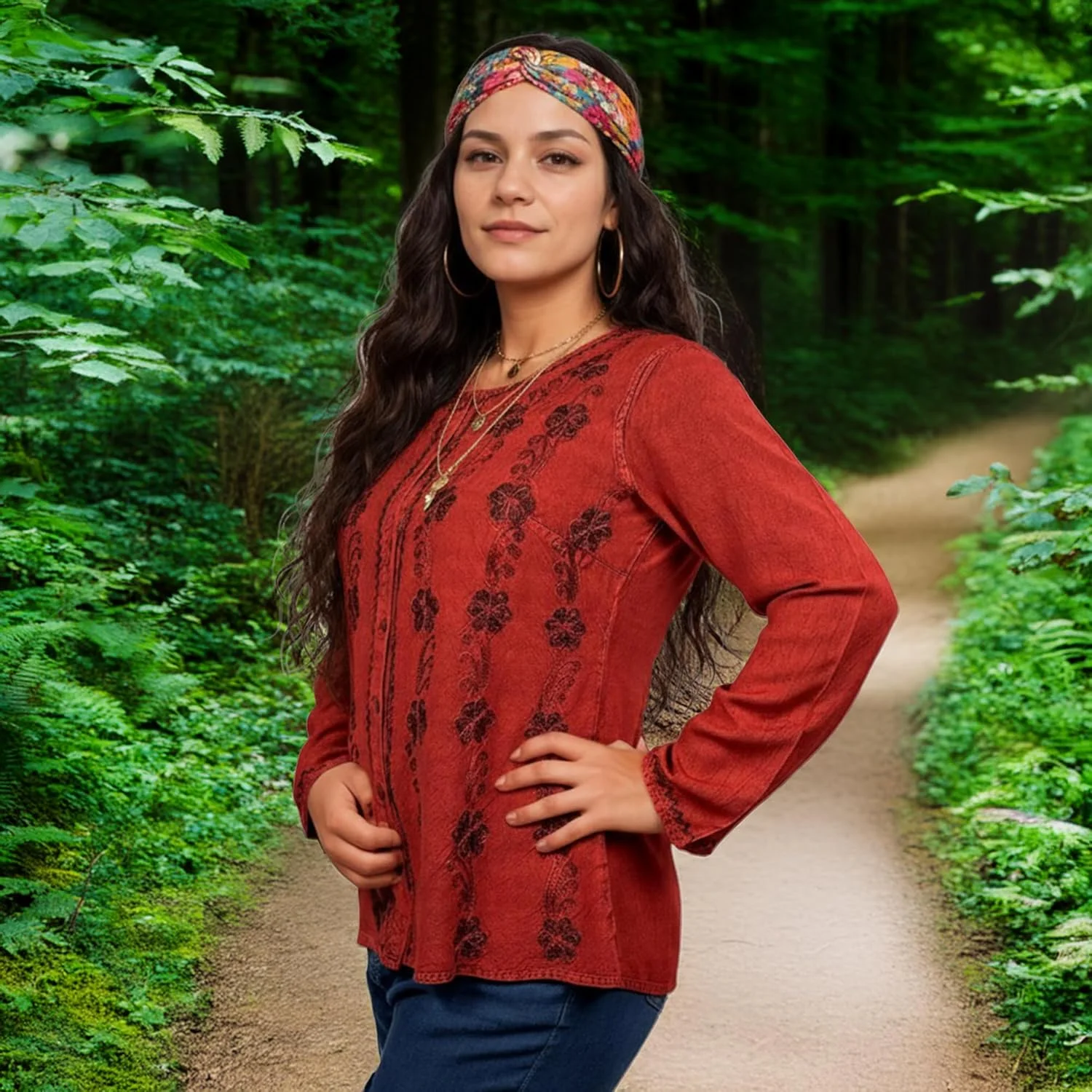 بلوز آستین بلند دکمه دار بهاری زنانه طرح بوهو مدل 2025 - بلوز گلدوزی شده با بند قابل تنظیم