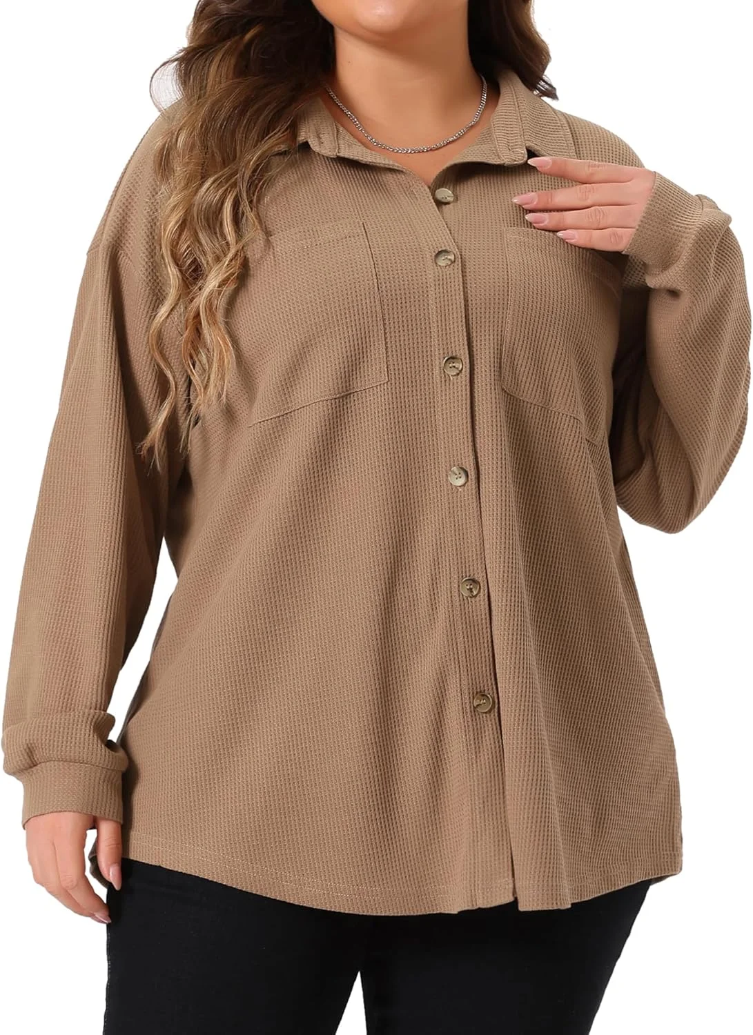 کت پیراهن سایز بزرگ Agnes Orinda برای زنان، بافت وافل، دکمه دار، بلوز آستین بلند