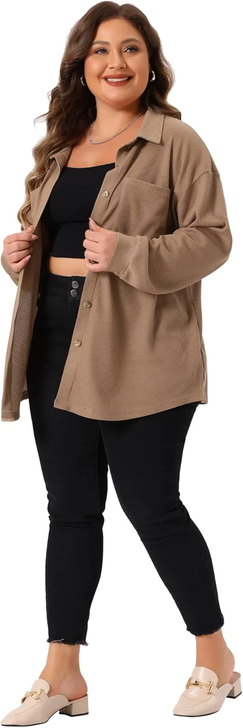 کت پیراهن سایز بزرگ Agnes Orinda برای زنان، بافت وافل، دکمه دار، بلوز آستین بلند