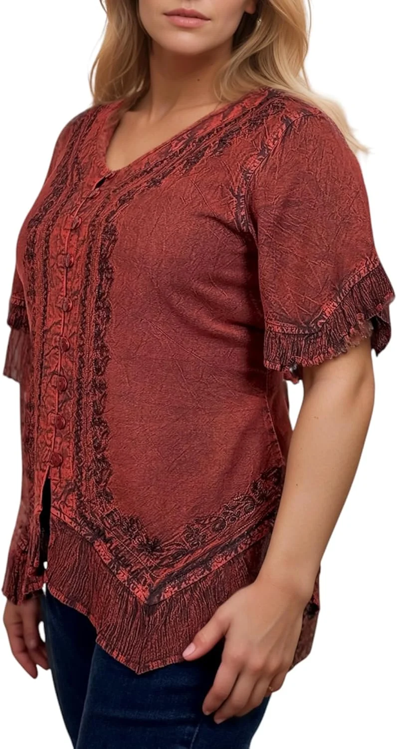 تاپ های دکمه دار نامتقارن گلدوزی شده تابستانی مدل بوهمی قرون وسطایی Agan Traders 2025 - بلوز و پیراهن آستین کوتاه زنانه