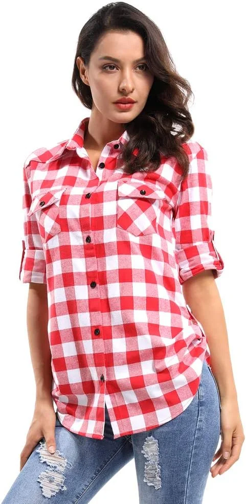 پیراهن چهارخانه دکمه دار زنانه Aeslech، بلوز آستین بلند طرح تارتان