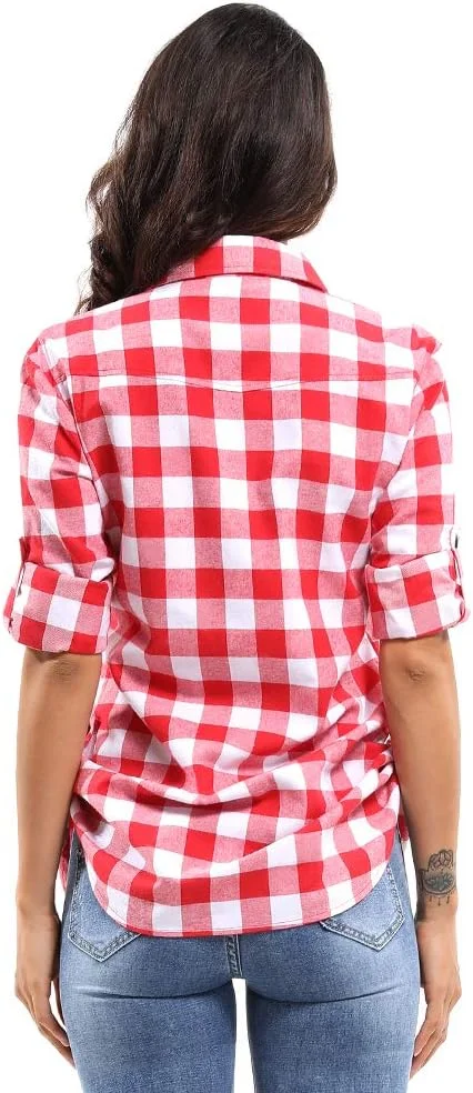 پیراهن چهارخانه دکمه دار زنانه Aeslech، بلوز آستین بلند طرح تارتان