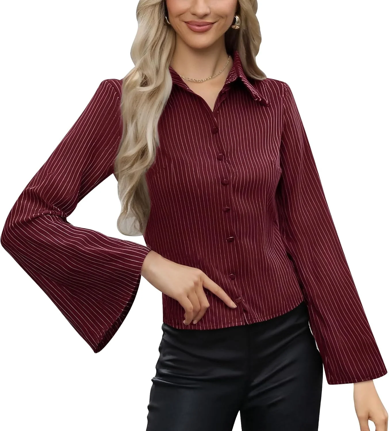 آستین بلند زنانه دکمه دار طرح راه راه، بلوز یقه هفت، مناسب کار، محیط اداری و استفاده روزمره