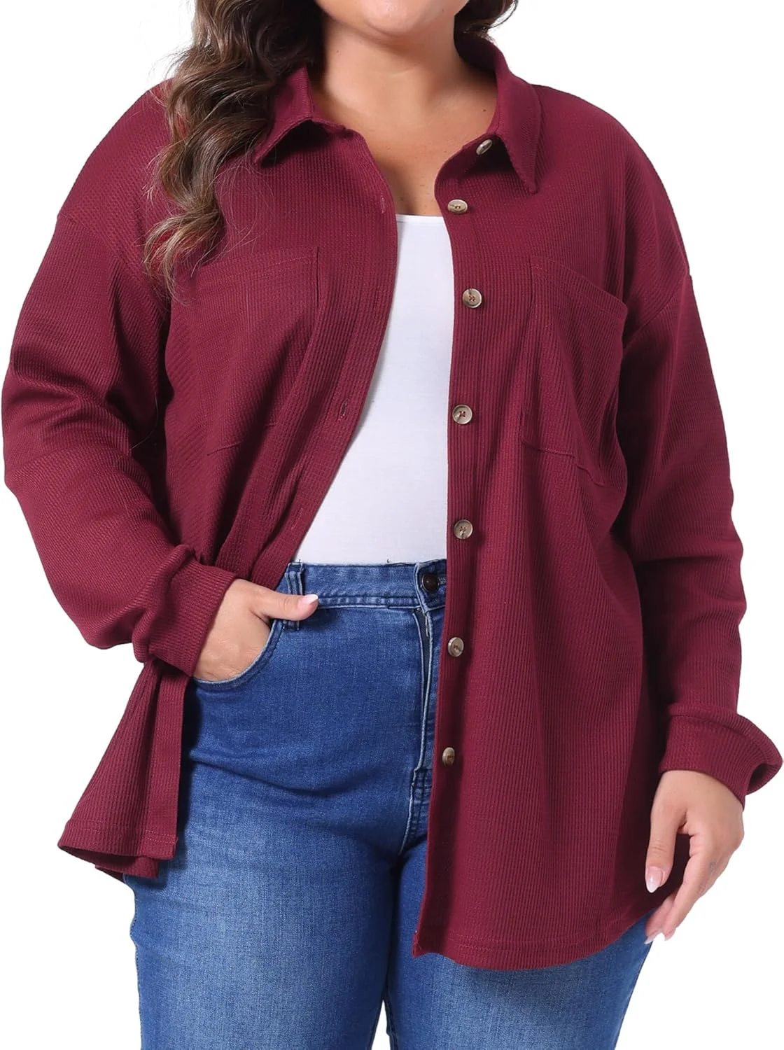 کت پیراهن بافت وافل سایز بزرگ Agnes Orinda زنانه، آستین بلند دکمه دار، بلوز مجلسی