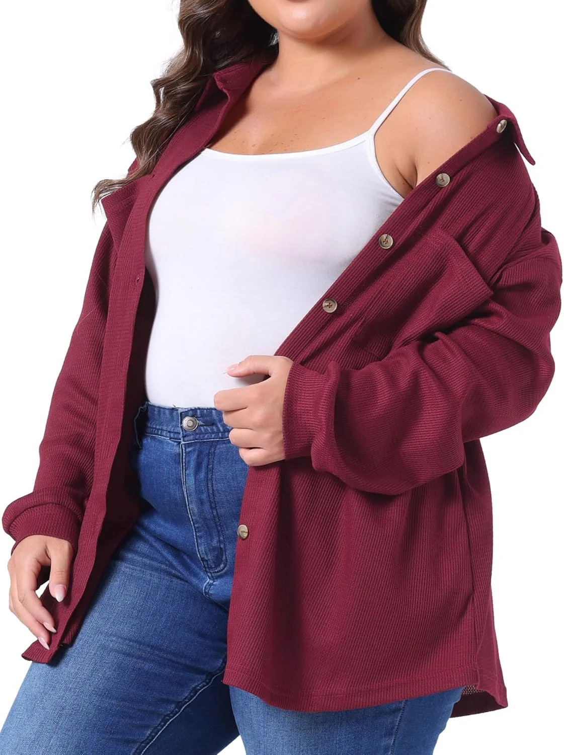 کت پیراهن بافت وافل سایز بزرگ Agnes Orinda زنانه، آستین بلند دکمه دار، بلوز مجلسی