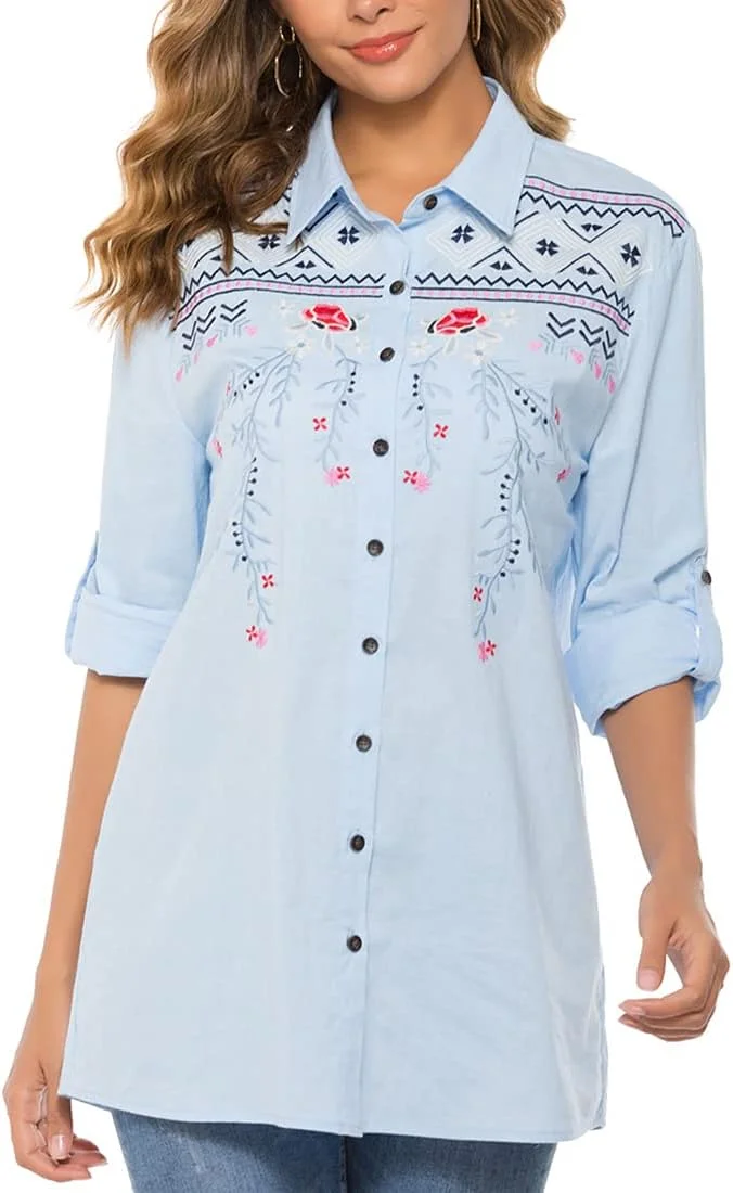 تونیک گلدوزی شده زنانه، یقه گرد، آستین بلند، مدل آزاد