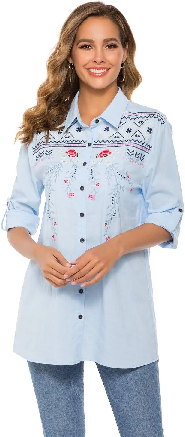 تونیک گلدوزی شده زنانه، یقه گرد، آستین بلند، مدل آزاد