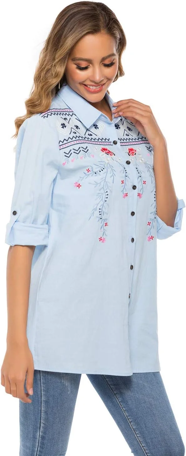 تونیک گلدوزی شده زنانه، یقه گرد، آستین بلند، مدل آزاد