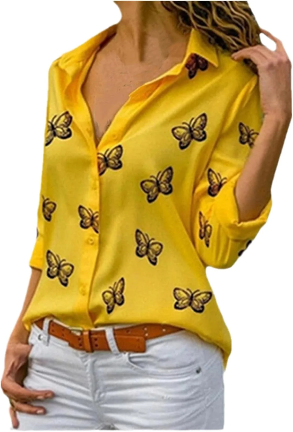آکیف بلوز دکمه دار زنانه، نخی، سایز بزرگ، یقه هفت (زرد، سایز 4XL)