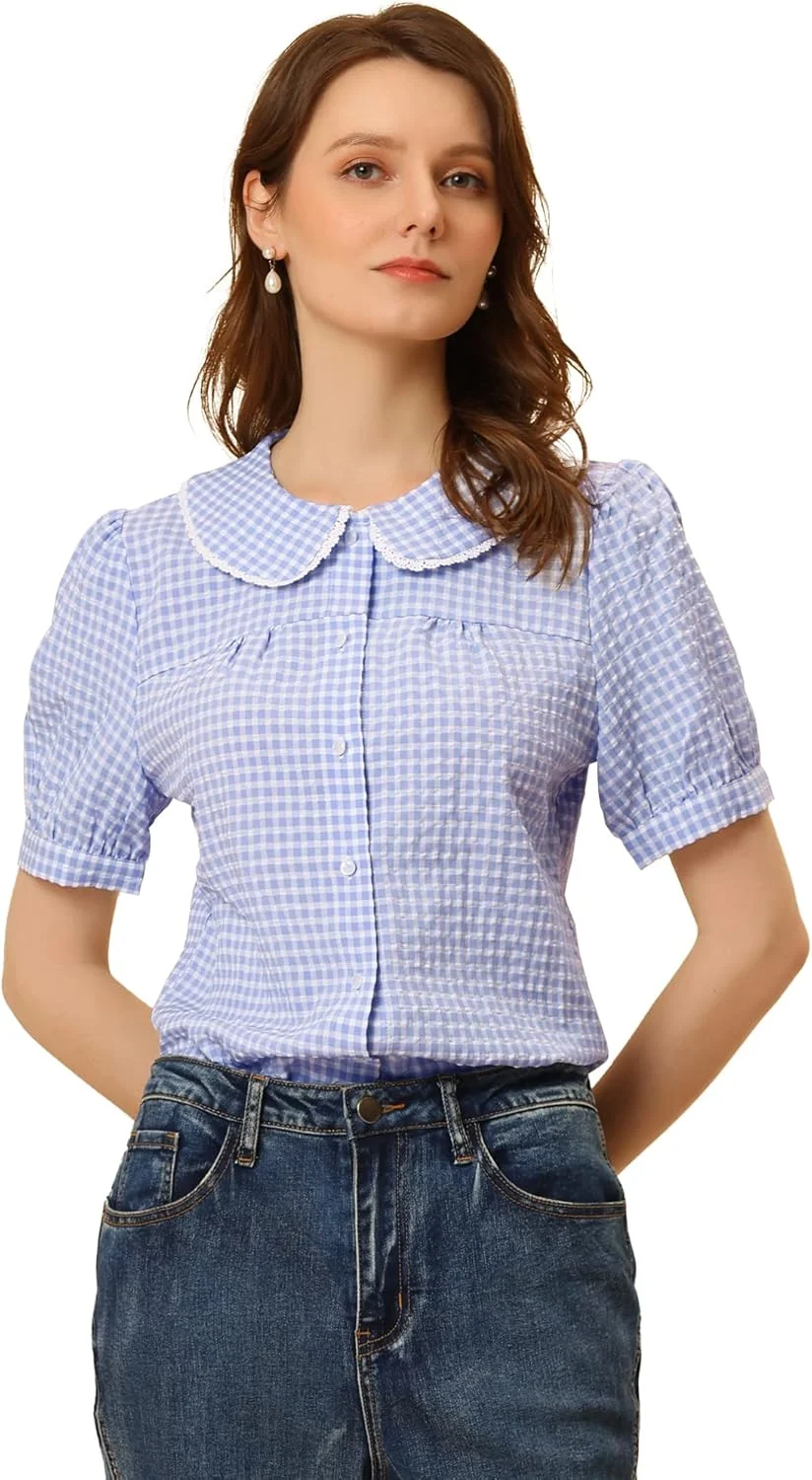 بلوز زنانه تابستانی چهارخانه Allegra K، تاپ طرح‌دار آستین کوتاه دکمه‌دار با یقه پیتر پن