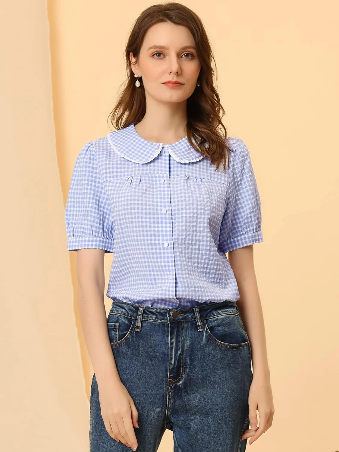 بلوز زنانه تابستانی چهارخانه Allegra K، تاپ طرح‌دار آستین کوتاه دکمه‌دار با یقه پیتر پن