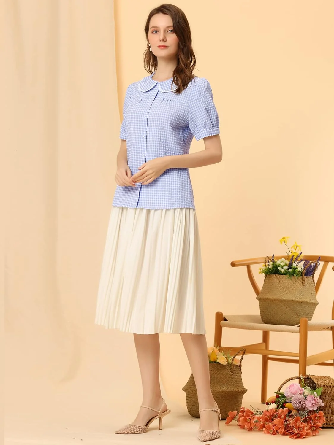 بلوز زنانه تابستانی چهارخانه Allegra K، تاپ طرح‌دار آستین کوتاه دکمه‌دار با یقه پیتر پن