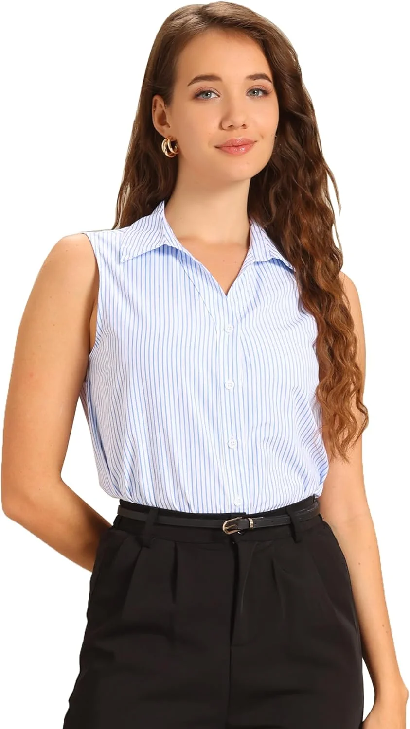 بلوز زنانه بدون آستین Allegra K، تاپ دکمه دار، راه راه، یقه برگردان، یقه هفت، مناسب تابستان