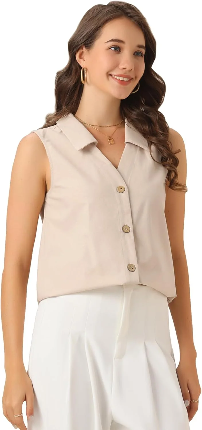 بلوزهای بدون آستین زنانه الگرا کا، دکمه دار، یقه دار، مناسب کار، جنس لینن