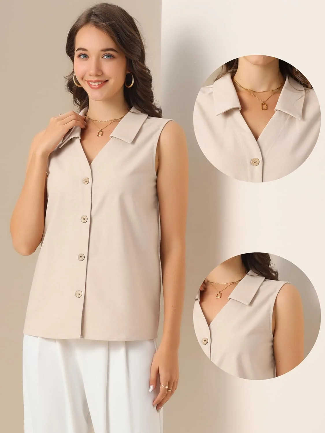 بلوزهای بدون آستین زنانه الگرا کا، دکمه دار، یقه دار، مناسب کار، جنس لینن