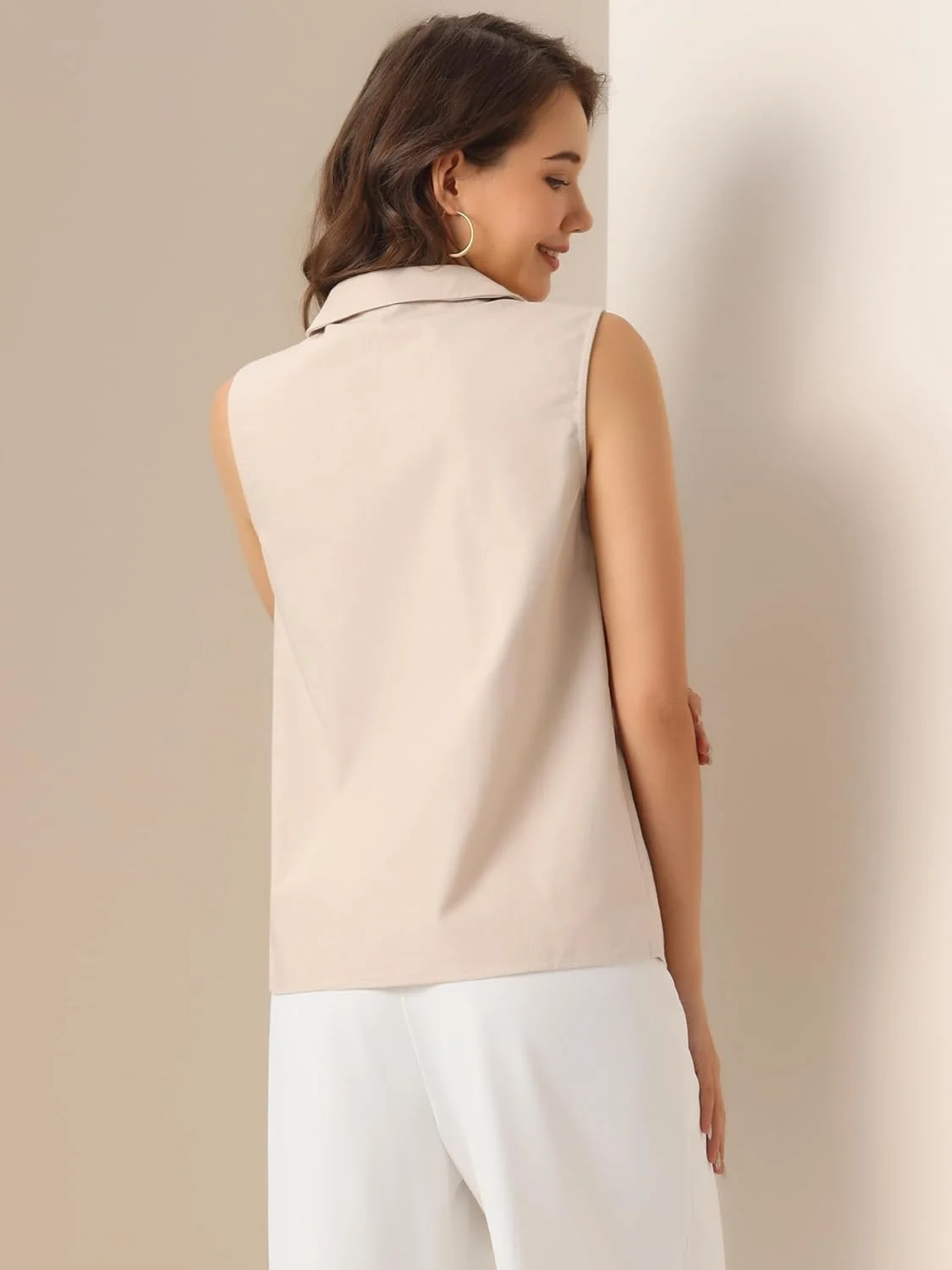 بلوزهای بدون آستین زنانه الگرا کا، دکمه دار، یقه دار، مناسب کار، جنس لینن