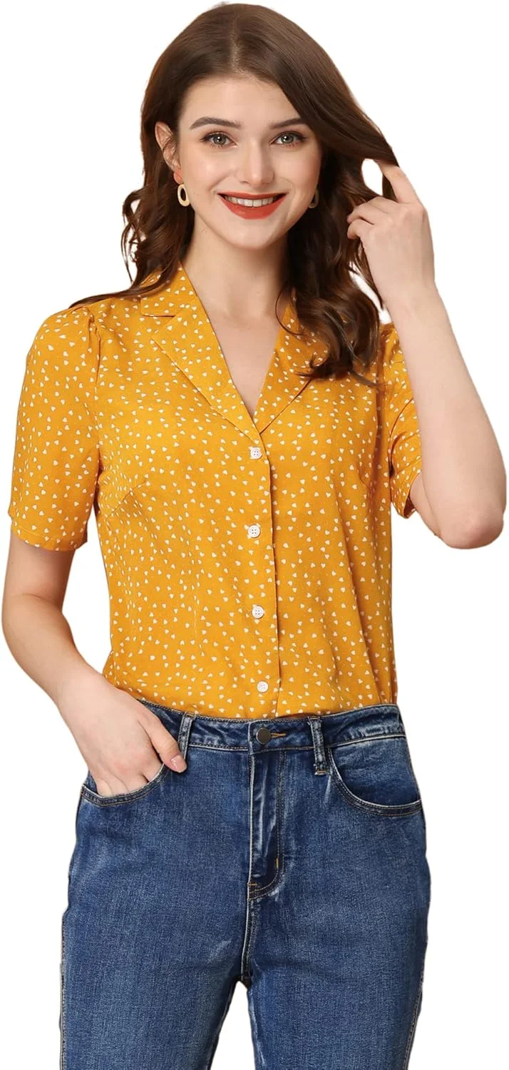 بلوز زنانه Allegra K طرح خال خالی، یقه هفت، آستین کوتاه، دکمه دار، سبک کلاسیک