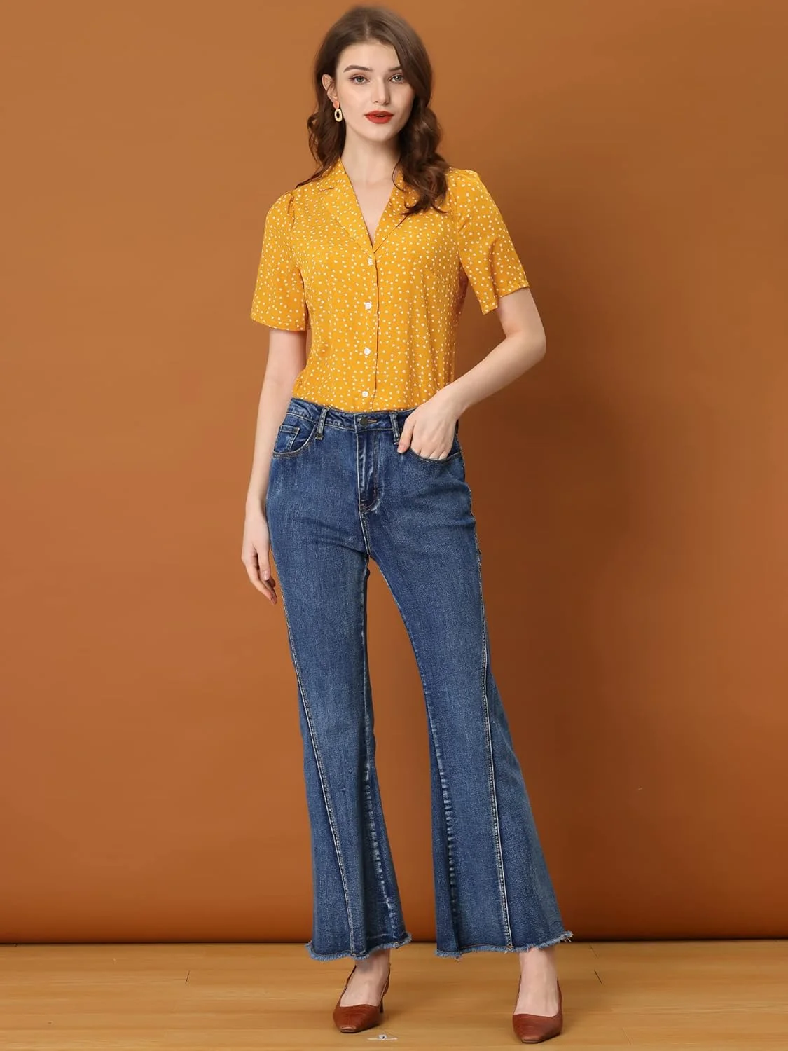 بلوز زنانه Allegra K طرح خال خالی، یقه هفت، آستین کوتاه، دکمه دار، سبک کلاسیک