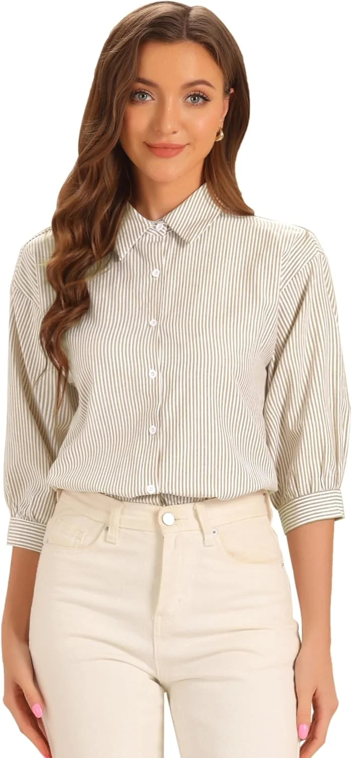 بلوز زنانه الگرا کا دکمه دار آستین سه ربع راه راه مناسب کار و استفاده روزمره