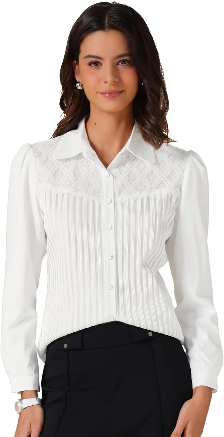 بلوز زنانه الگرا کا، پیراهن کار راه راه با پنل توری، دکمه دار، آستین بلند، مناسب محیط کار