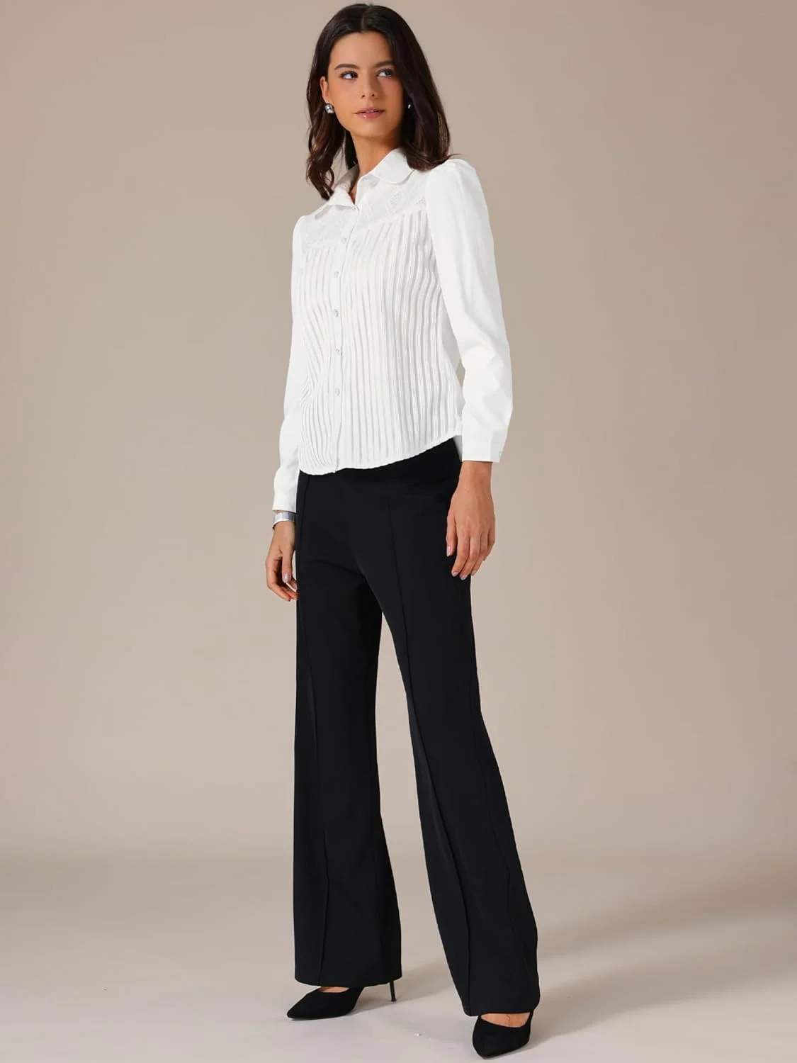 بلوز زنانه الگرا کا، پیراهن کار راه راه با پنل توری، دکمه دار، آستین بلند، مناسب محیط کار بلوز زنانه الگرا کا، پیراهن کار راه راه با پنل توری، دکمه دار، آستین بلند، مناسب محیط کار