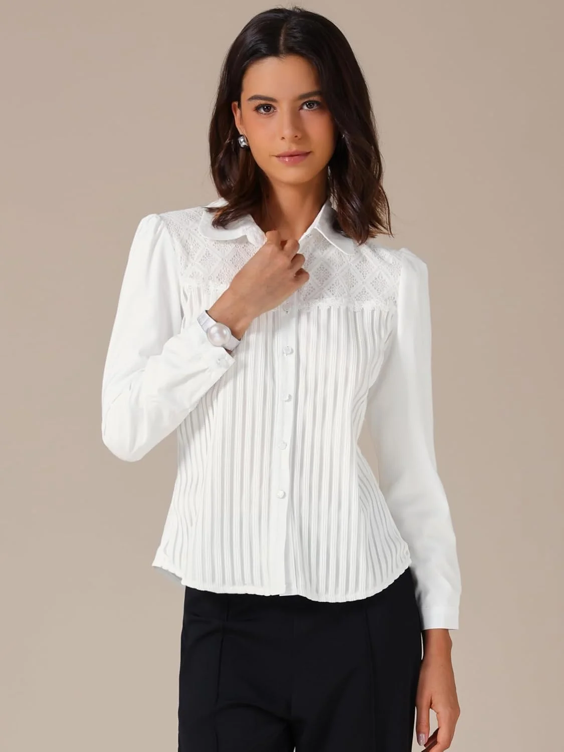 بلوز زنانه الگرا کا، پیراهن کار راه راه با پنل توری، دکمه دار، آستین بلند، مناسب محیط کار بلوز زنانه الگرا کا، پیراهن کار راه راه با پنل توری، دکمه دار، آستین بلند، مناسب محیط کار