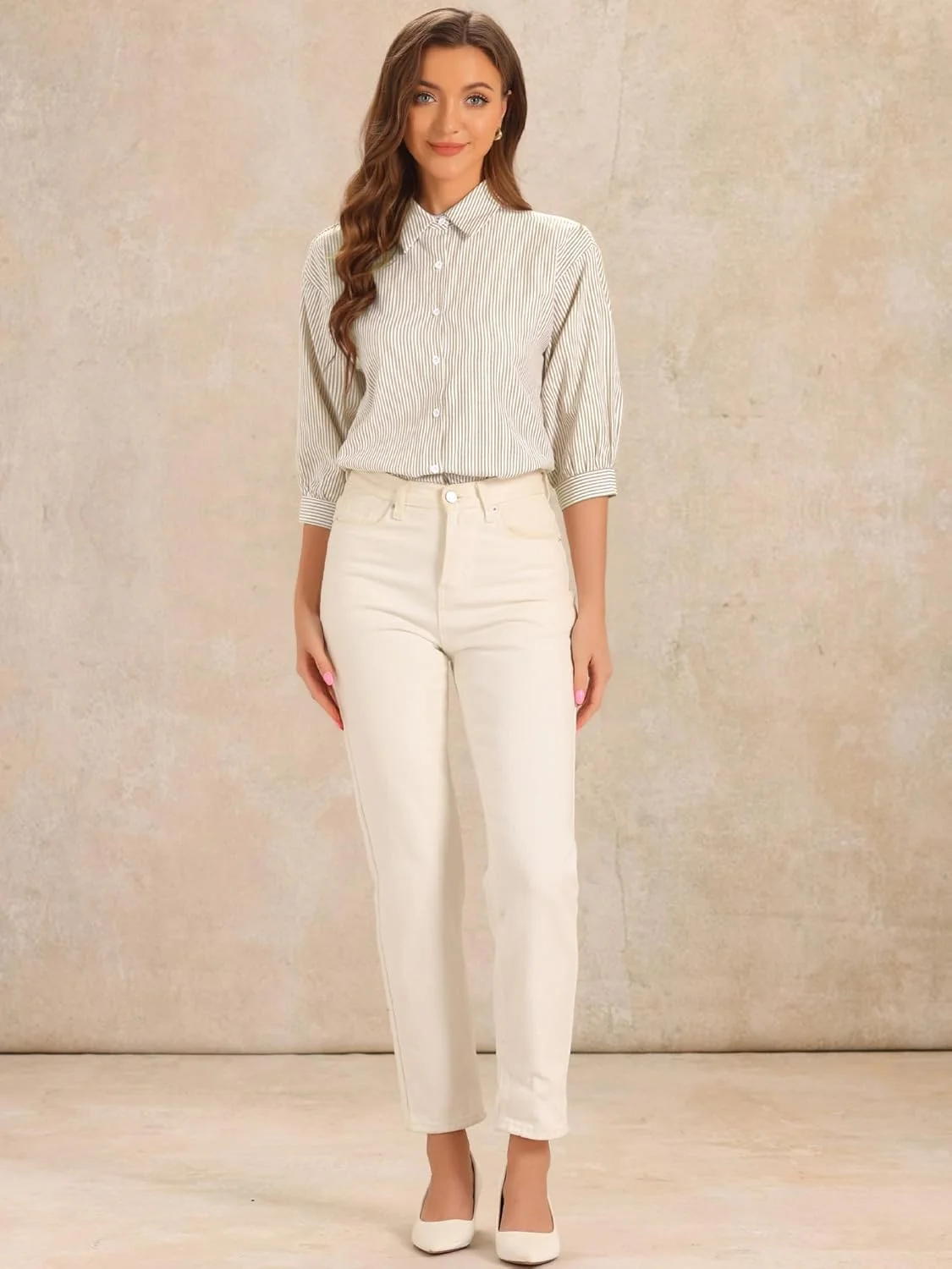 بلوز زنانه الگرا کا دکمه دار آستین سه ربع راه راه مناسب کار و استفاده روزمره