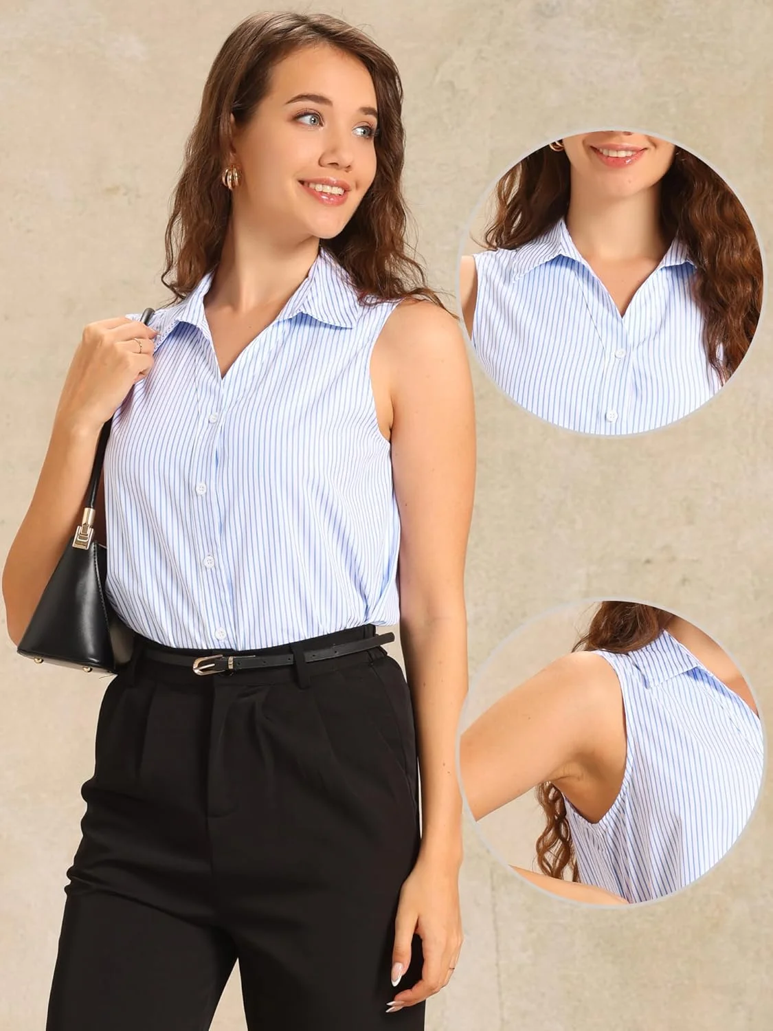 تاپ زنانه بدون آستین Allegra K، بلوز یقه برگردان راه راه تابستانی با دکمه و یقه هفت