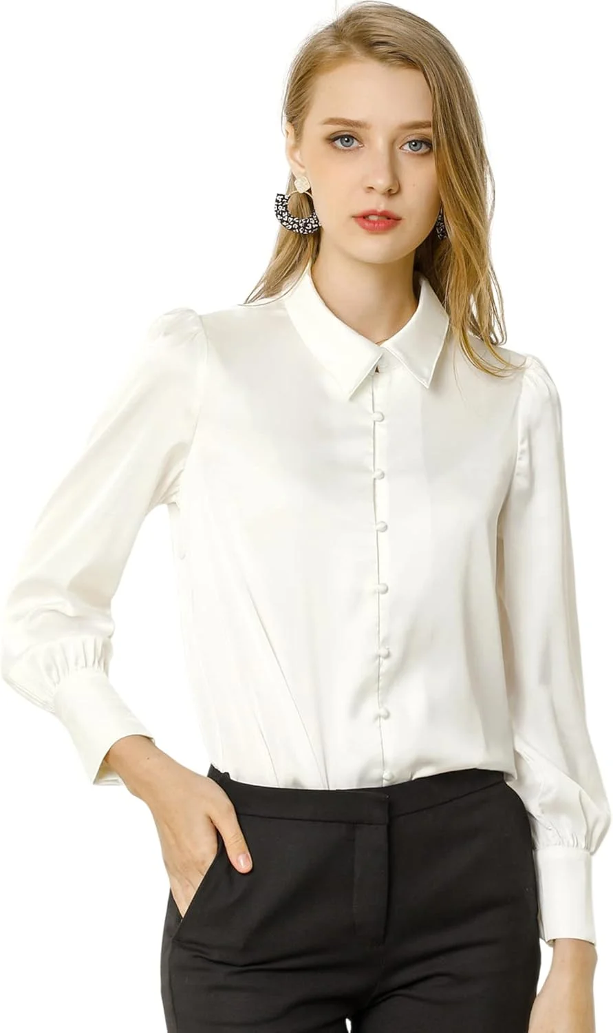 بلوز ساتن زنانه Allegra K آستین پفی یقه نوک تیز دکمه دار به سبک قدیمی