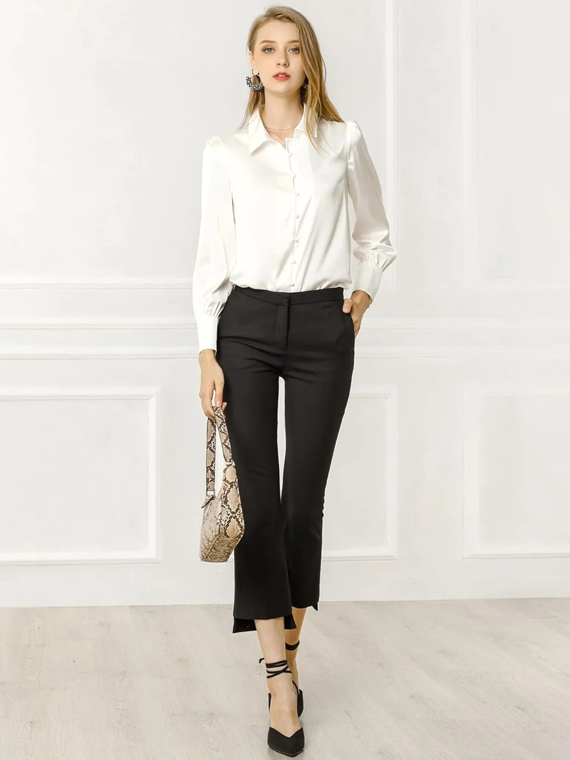 بلوز ساتن زنانه Allegra K آستین پفی یقه نوک تیز دکمه دار به سبک قدیمی