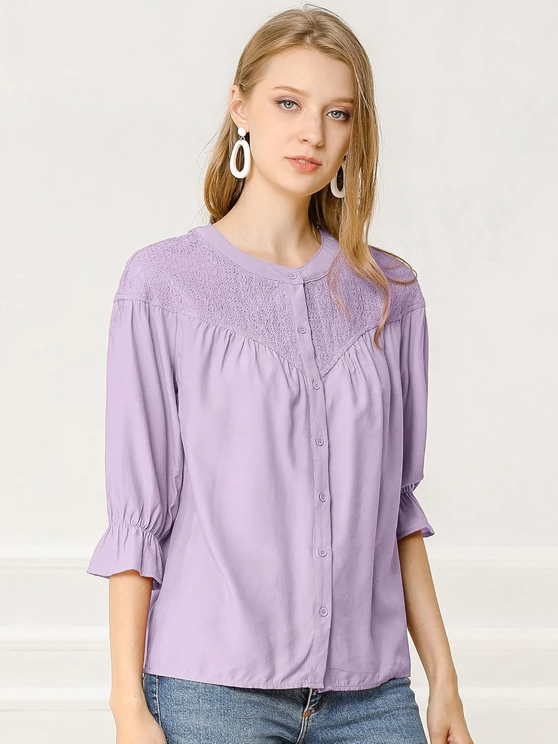 بلوز زنانه Allegra K با پنل توری، آستین سه ربع، یقه گرد و دکمه دار