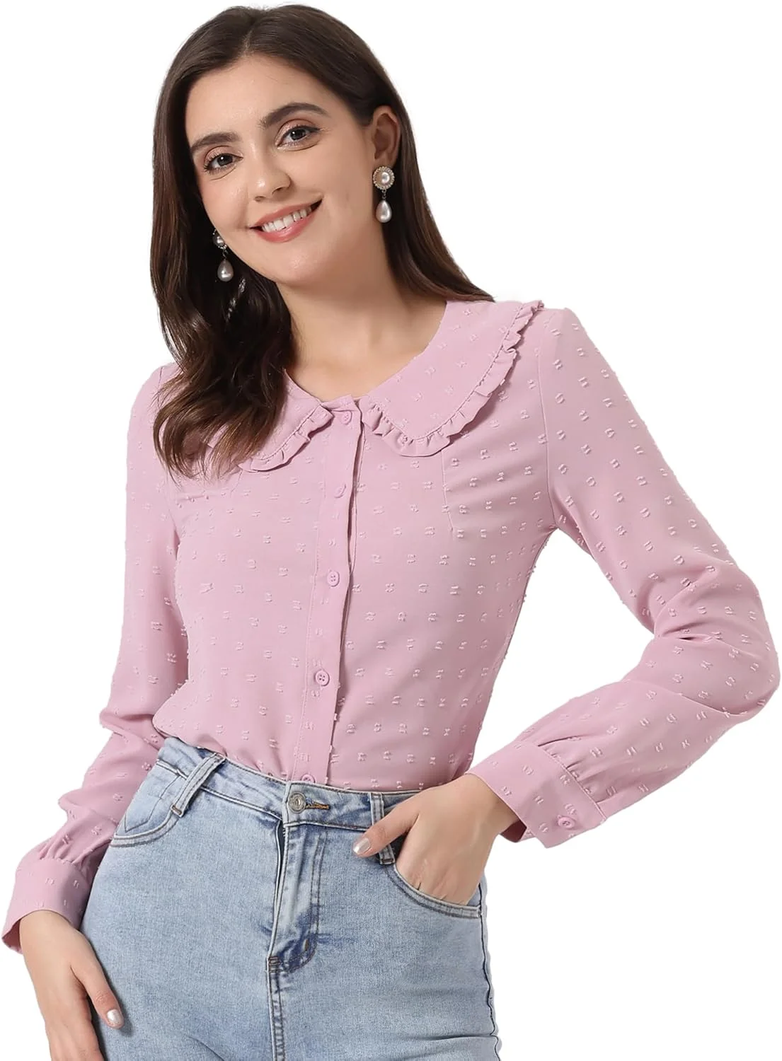 بلوز زنانه Allegra K با طرح خال‌خالی، یقه پیتر پن، آستین بلند و دکمه‌دار