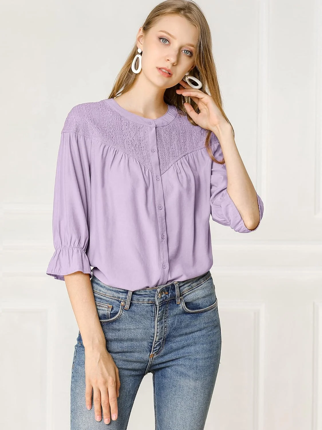 بلوز زنانه Allegra K با پنل توری، آستین سه ربع، یقه گرد و دکمه دار