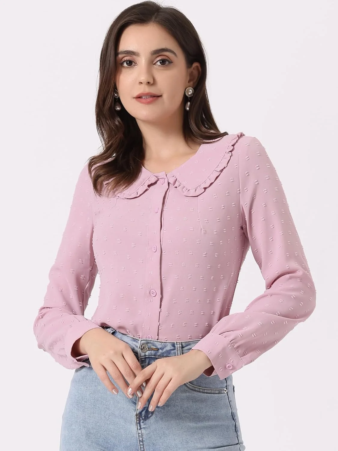 بلوز زنانه Allegra K با طرح خال‌خالی، یقه پیتر پن، آستین بلند و دکمه‌دار