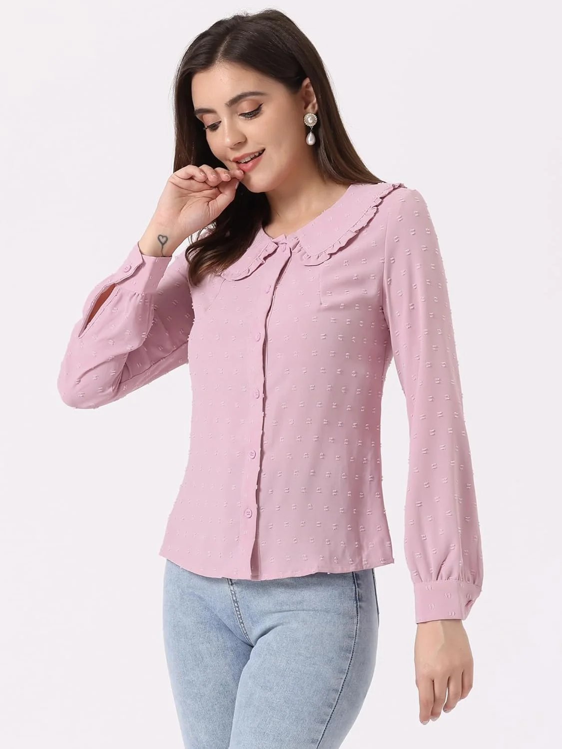 بلوز زنانه Allegra K با طرح خال‌خالی، یقه پیتر پن، آستین بلند و دکمه‌دار