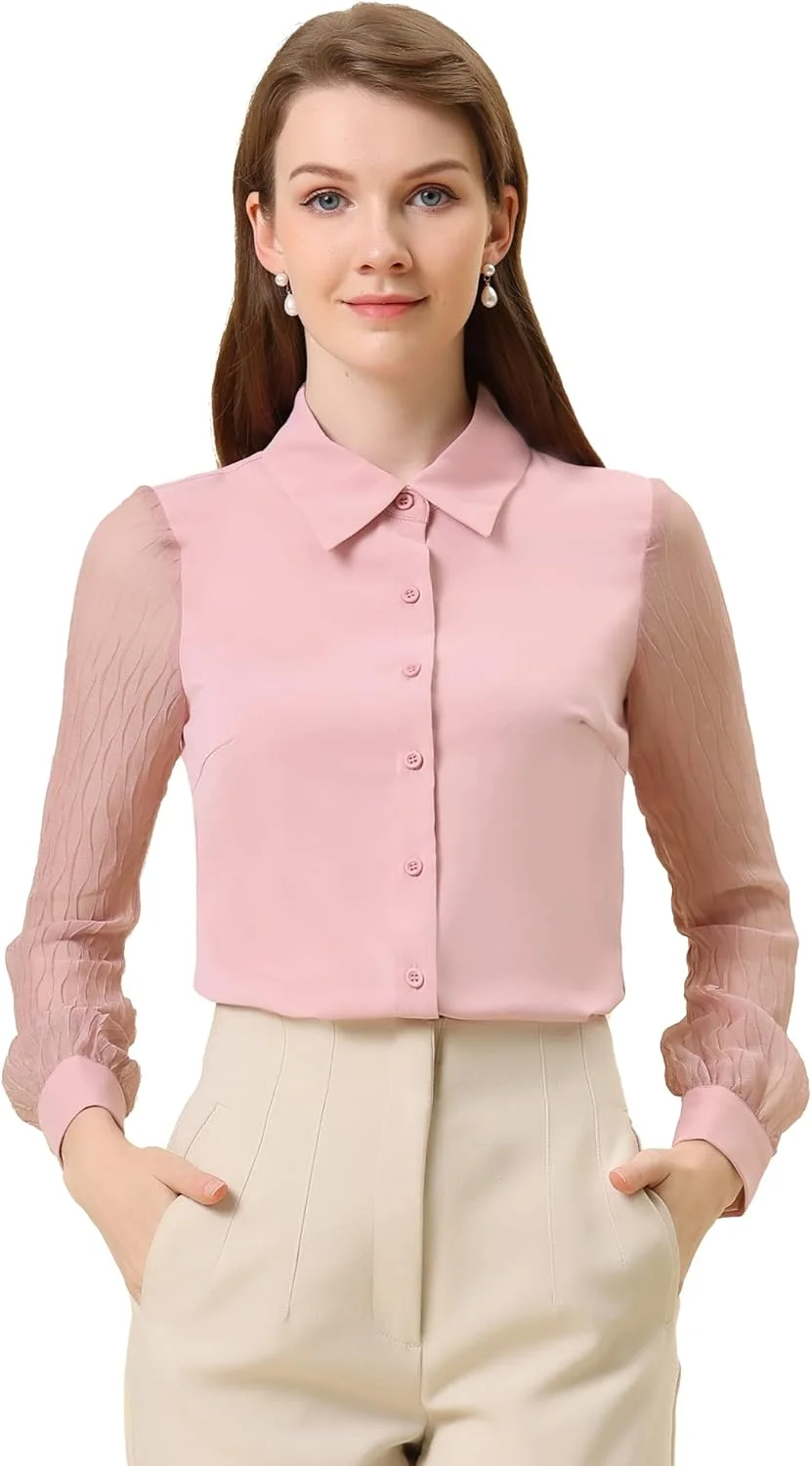 بلوز زنانه دکمه دار الِگرا کا با آستین های توری و یقه نوک تیز مناسب کار